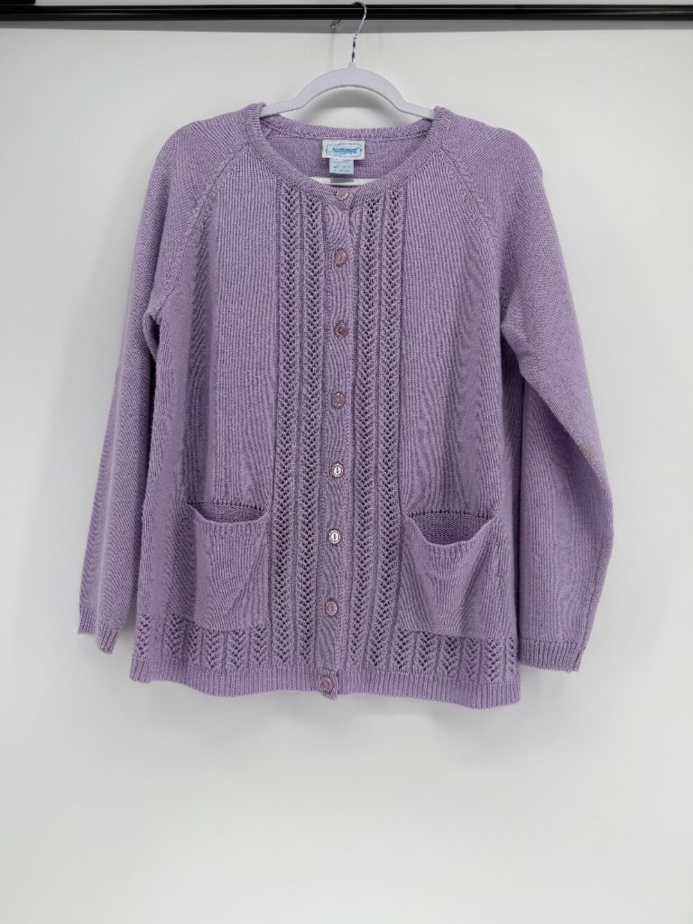 National Vintage Lavender Button Front Cardigan Sweater Pointelle Knit Pockets